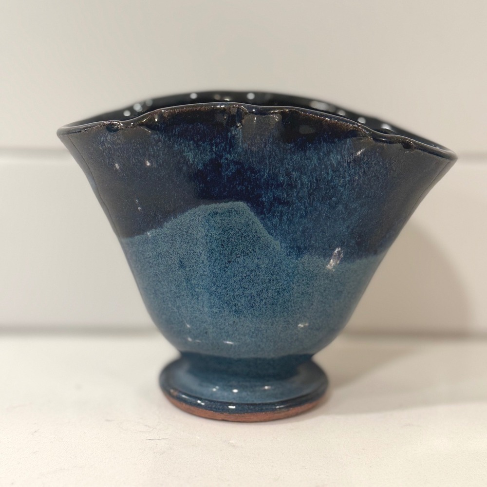 Artisan Signed Blue Studio Pottery Ruffled Footed Bud Vase Handcrafted Stoneware